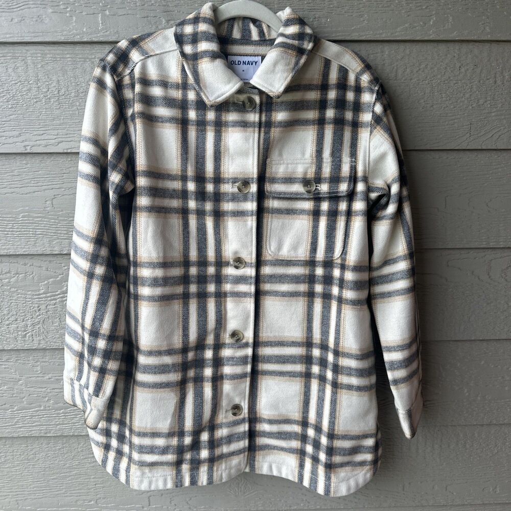 Old Navy Womens Med Cream Plaid Preppy Wool Check Lumberjack Shacket Jacket
